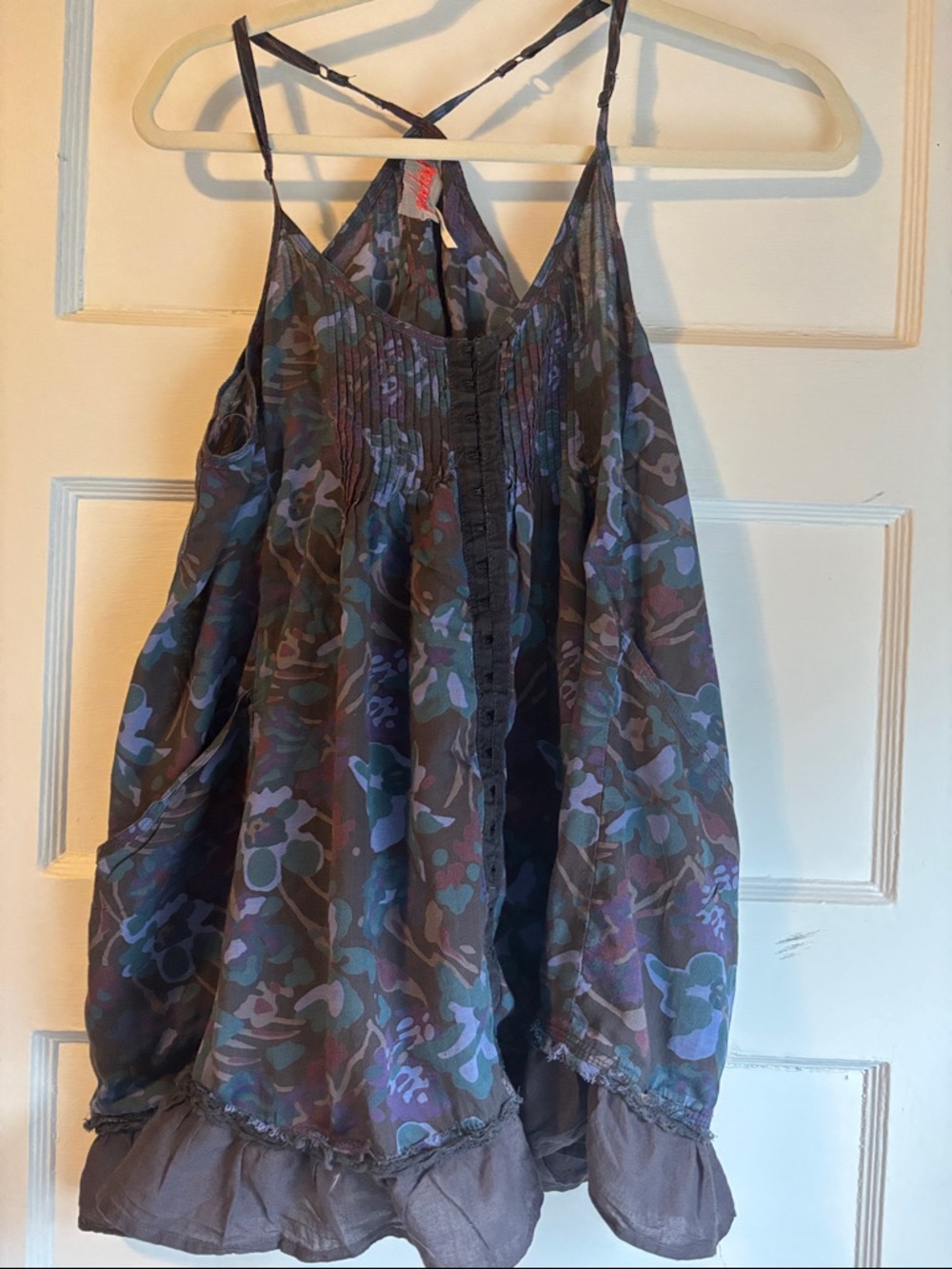 Free People Floral Camouflage Spaghetti Strap Tank in Brown and Blue